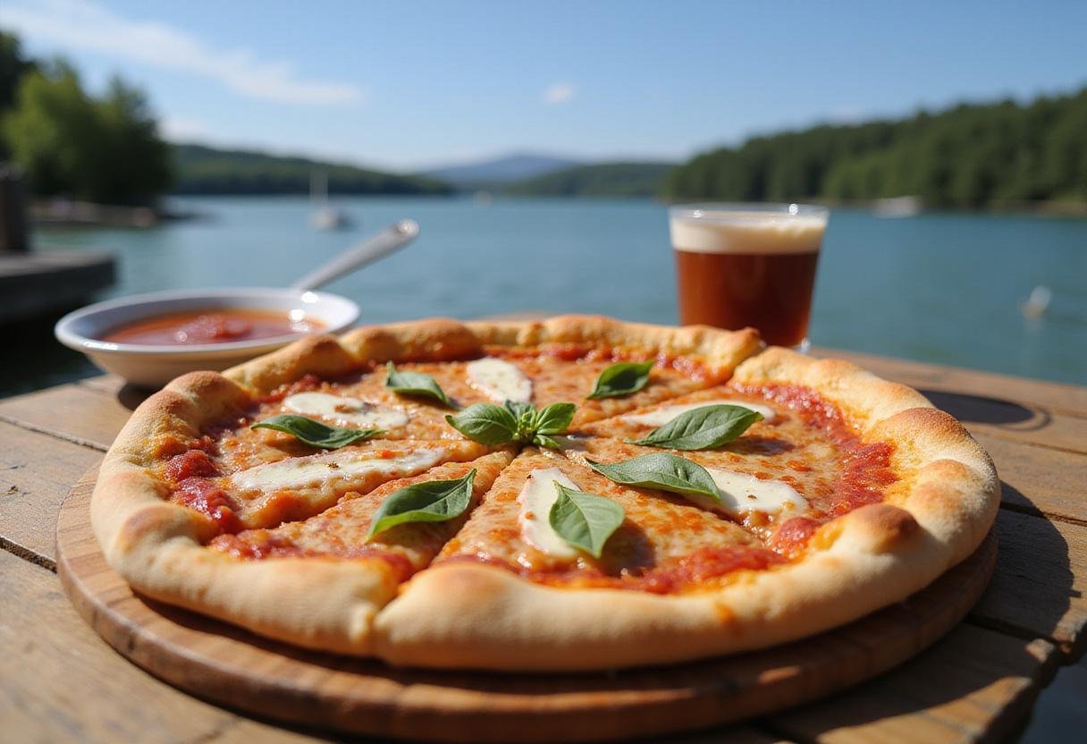 Delicious lakeside pizza served on a wooden board with fresh toppings, beautifully presented by the serene lake for an ideal outdoor dining experience.
