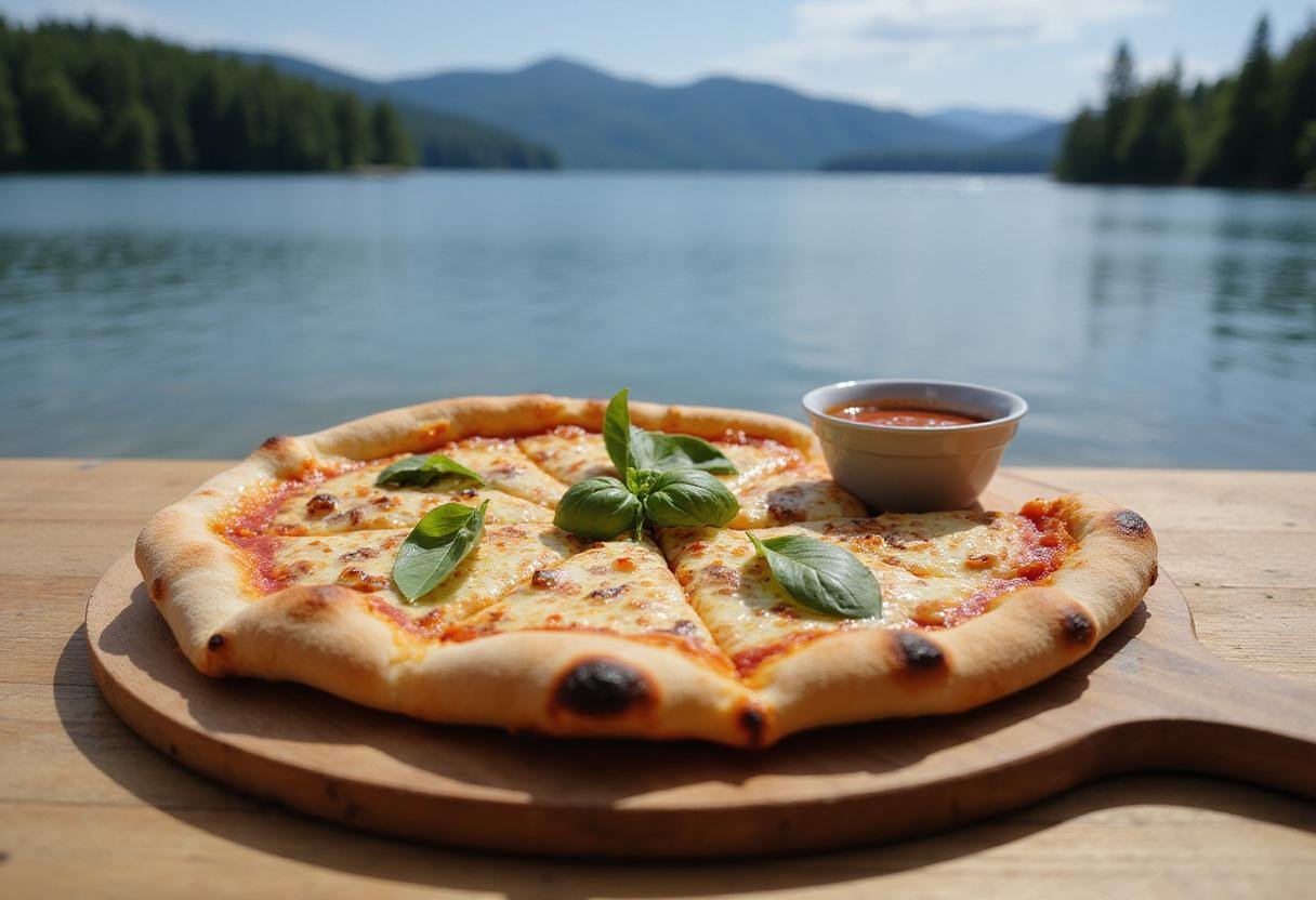 Delicious lakeside pizza served on a wooden board with fresh toppings, beautifully presented by the serene lake for an ideal outdoor dining experience.