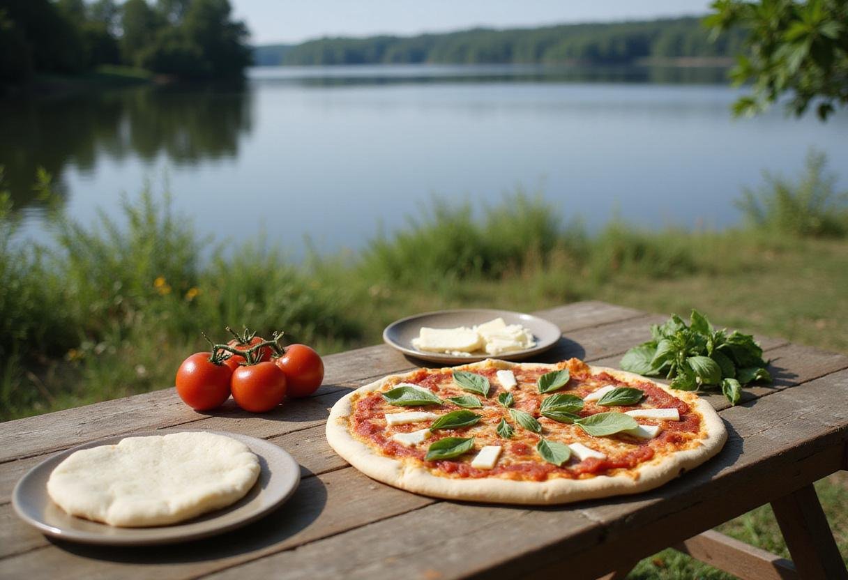 Lakeside pizza preparation with fresh ingredients on a rustic table, showcasing tomatoes, cheese, and dough by the serene lake.