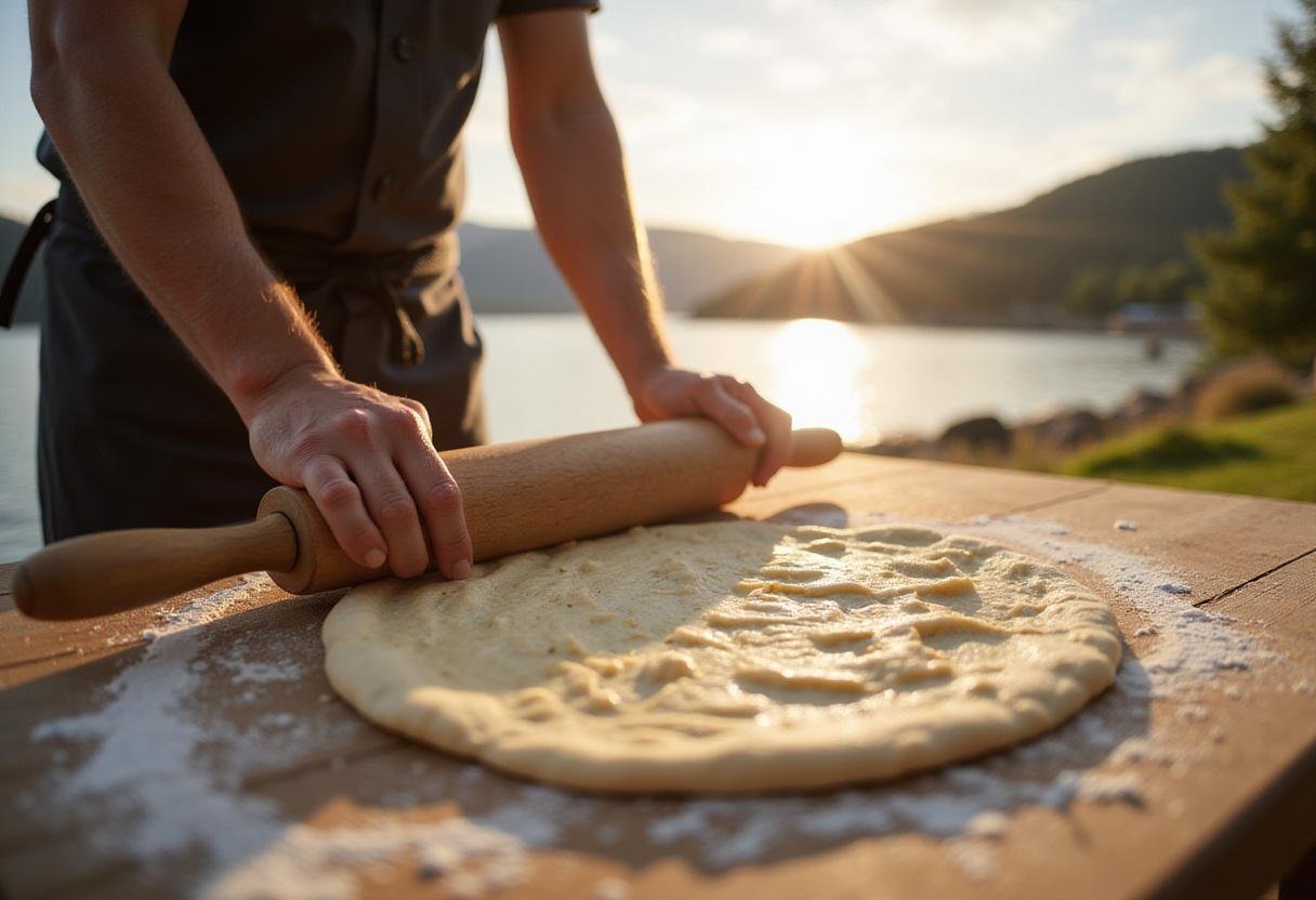 Chefs rolling out pizza dough for lakeside pizza preparation, enhancing the outdoor cooking experience by the tranquil lake.