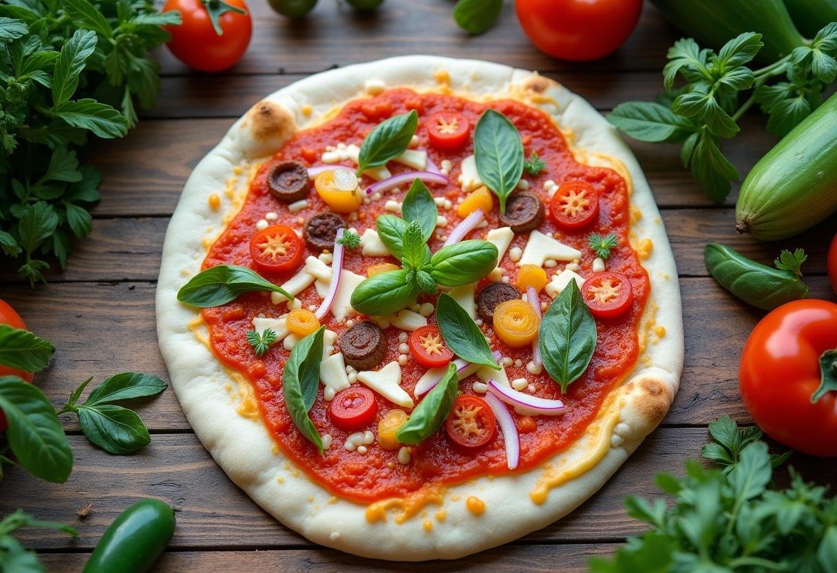 Topping the pizza dough for lakeside pizza, showcasing sauce, cheese, and vegetables in an idyllic outdoor setting.