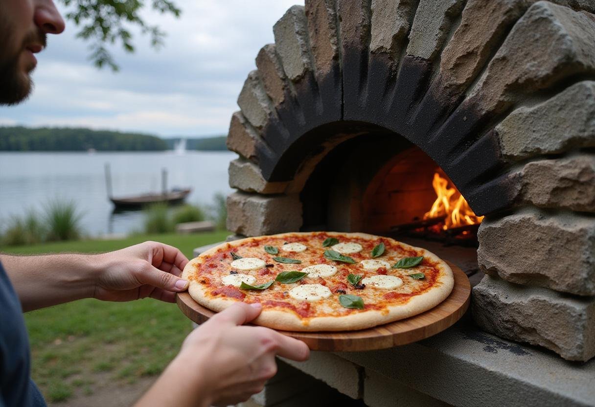 Placing a lakeside pizza into a stone oven, highlighting the outdoor cooking vibe near the beautiful lakeside.