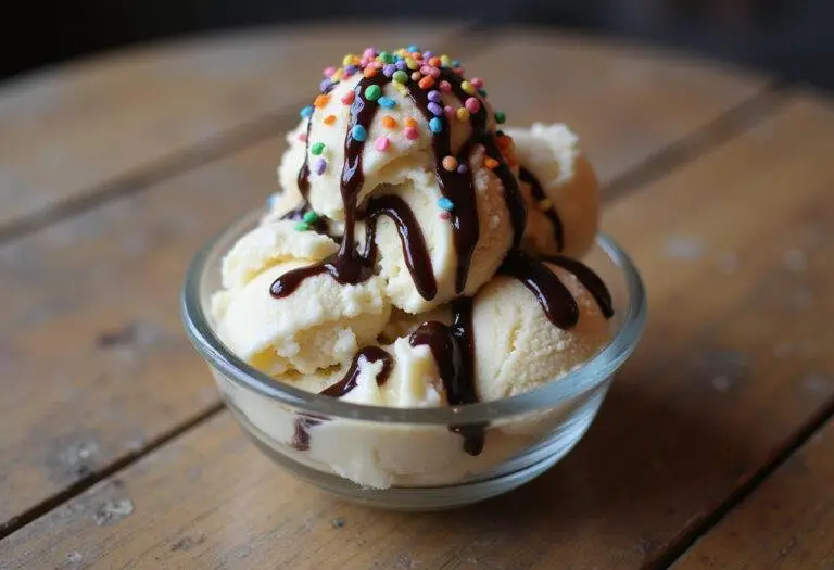 Deliciously presented quart of ice cream topped with chocolate syrup and sprinkles, perfect for dessert lovers.