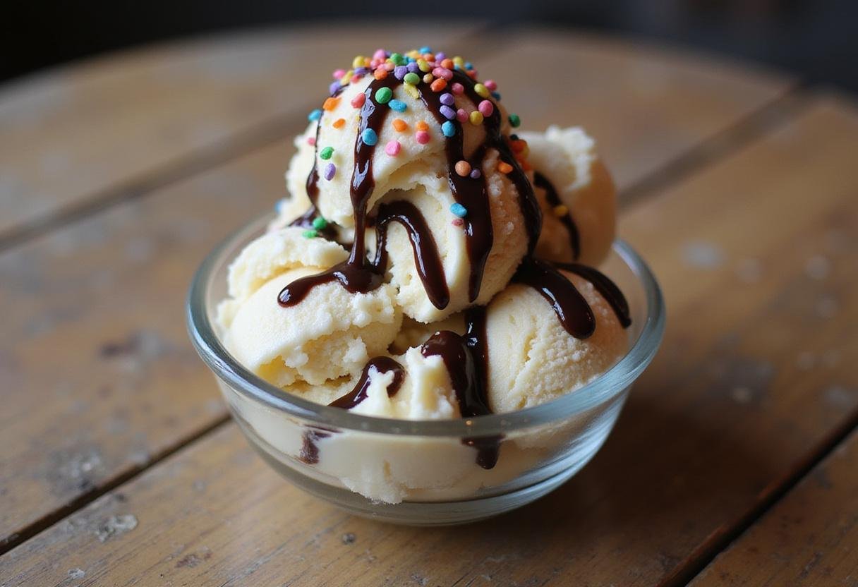Deliciously presented quart of ice cream topped with chocolate syrup and sprinkles, perfect for dessert lovers.