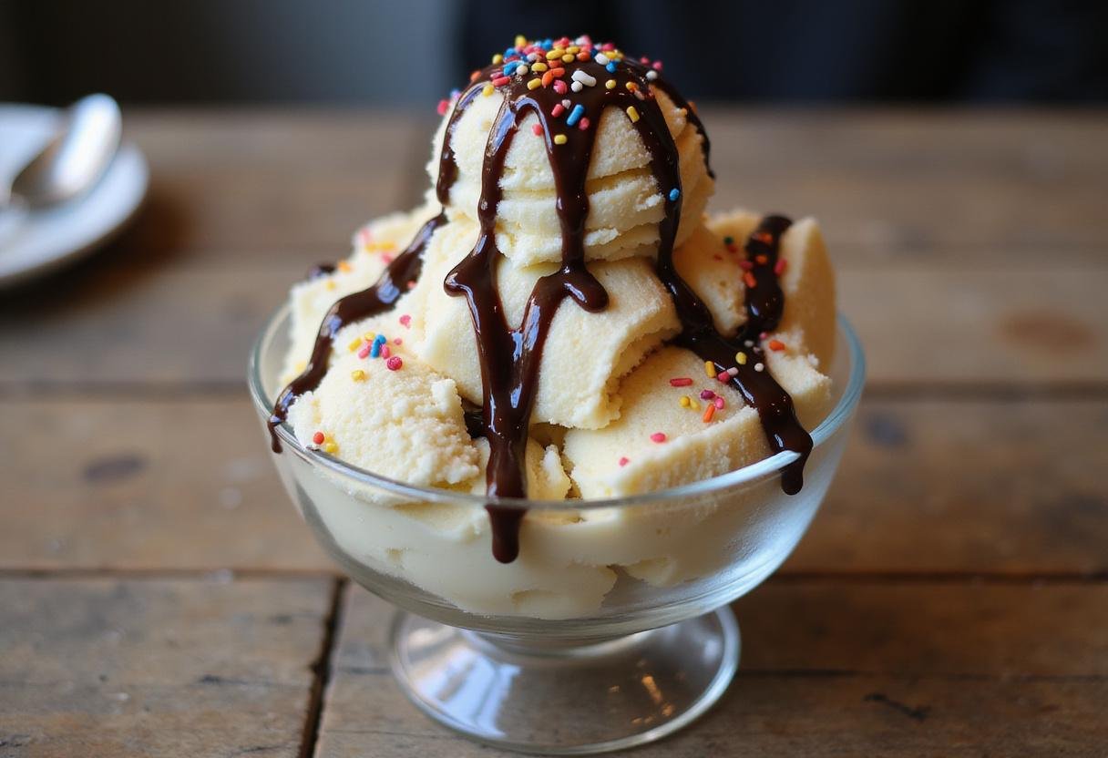Deliciously presented quart of ice cream topped with chocolate syrup and sprinkles, perfect for dessert lovers.