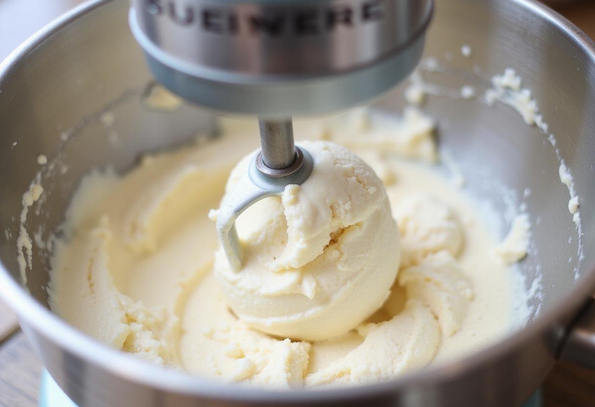 Mixing ice cream base to achieve a fluffy consistency for a delicious quart of ice cream.