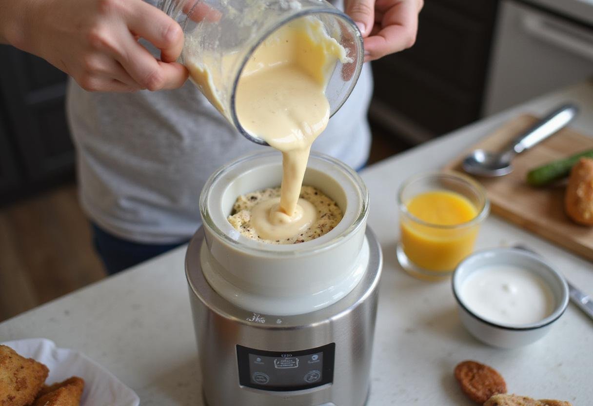 Pouring ice cream mixture into the ice cream maker to create a delicious quart of ice cream.