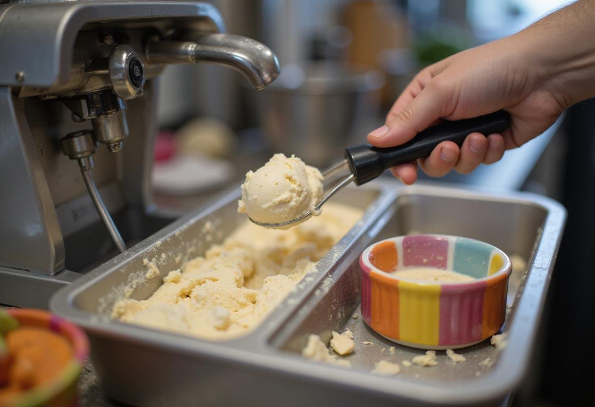 Scooping freshly churned quart of ice cream from the ice cream maker, ready to be enjoyed.