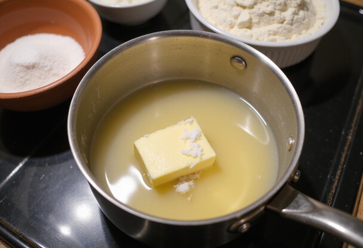 Melted butter and water in a saucepan for cream puff recipe preparation.