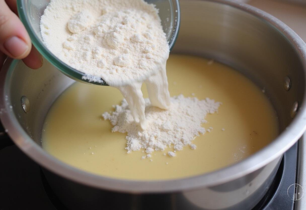 Flour being integrated into the butter mixture for a classic cream puff recipe.