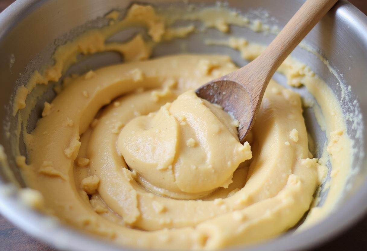 Stirring the dough for cream puffs until it forms a perfect texture.