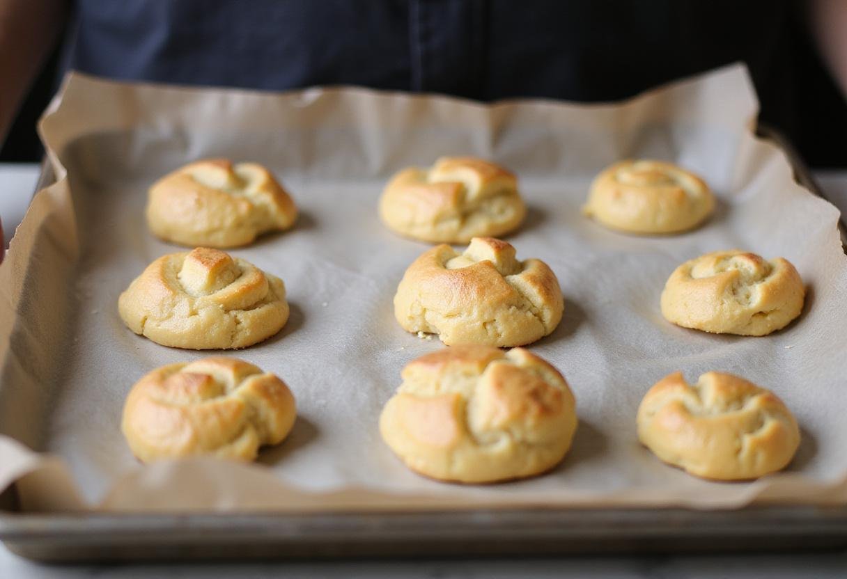 Dough mounds on a baking tray ready to become delicious cream puffs.