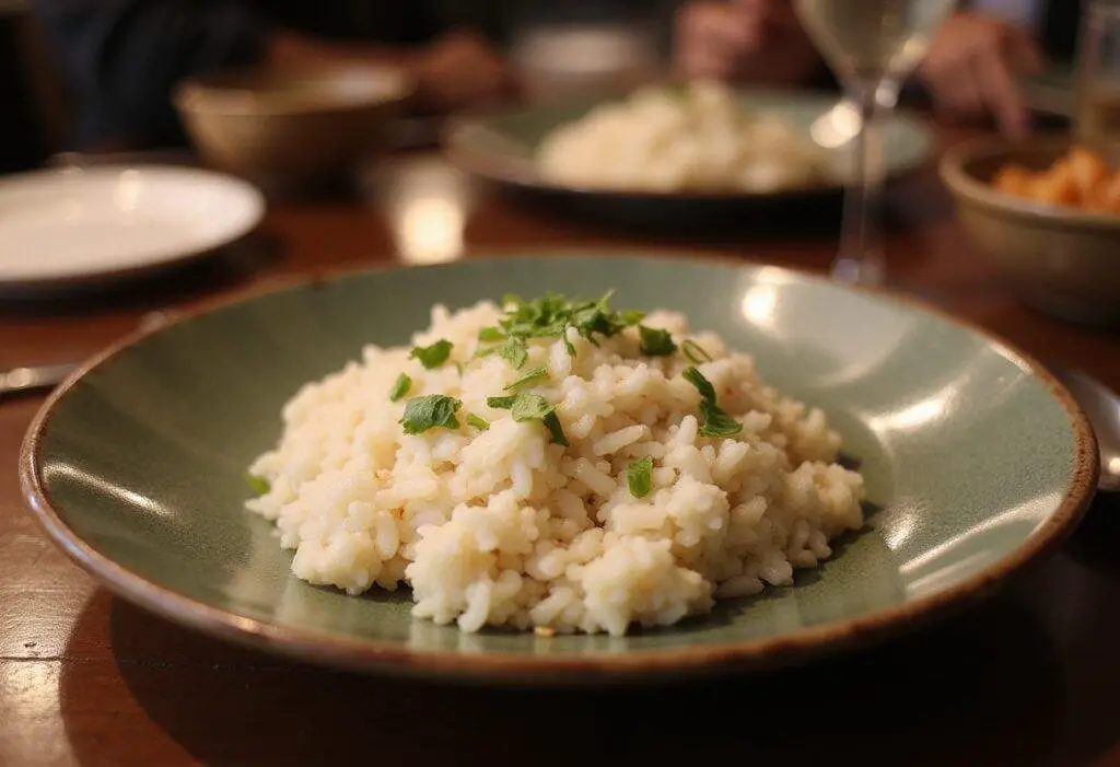 A serving of light and fluffy cooked rice garnished with herbs, illustrating the final dish of 1 cup uncooked rice, perfect for a healthy meal.