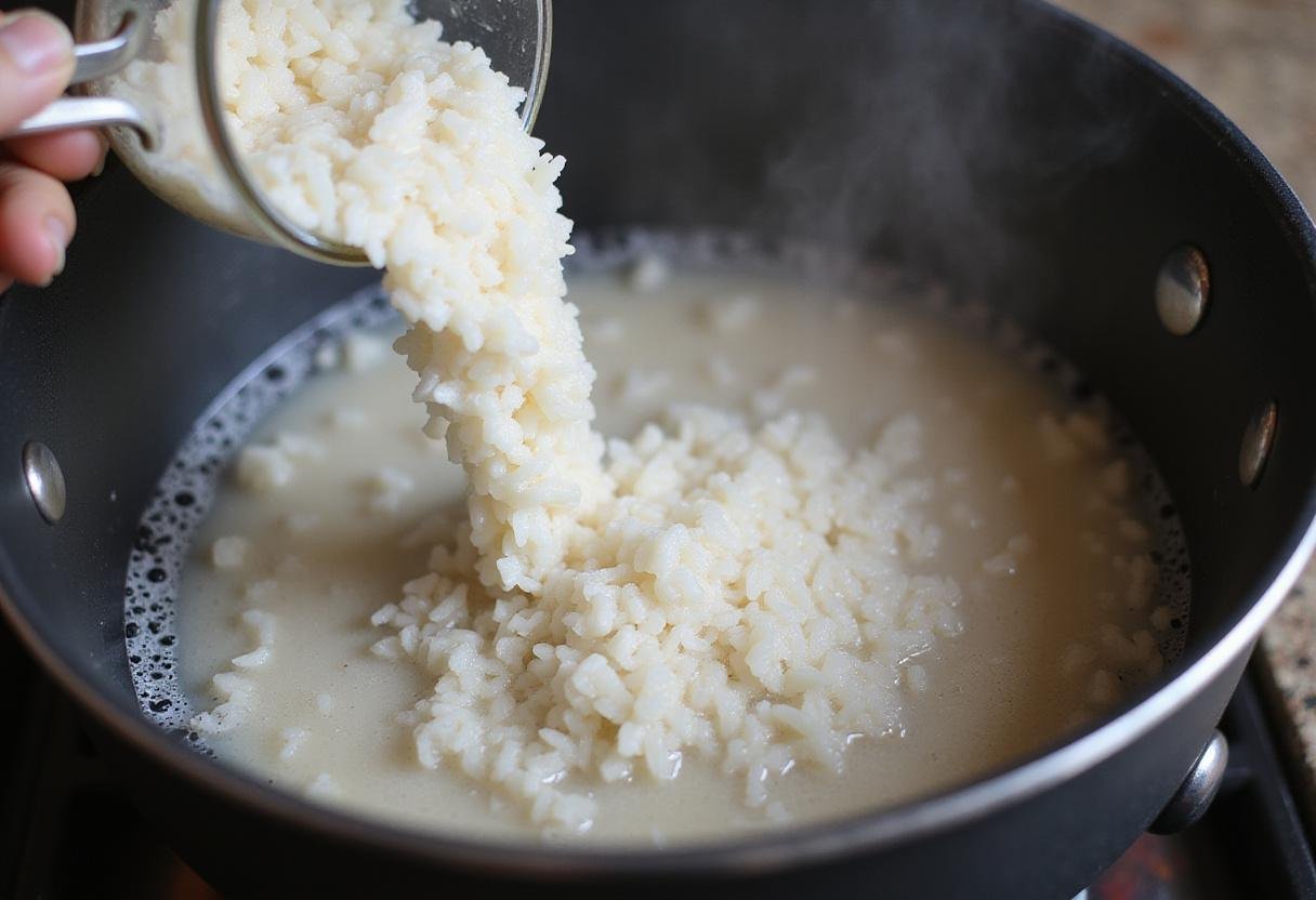 Pouring uncooked rice into a pot of boiling water, exemplifying the cooking method for perfect rice preparation.