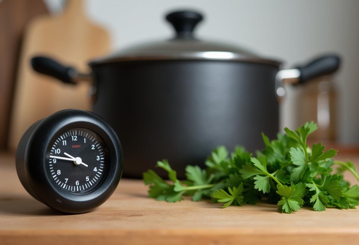 A cooking timer alongside a covered pot, signaling the final stage of preparing 1 cup of uncooked rice with fresh herbs nearby.