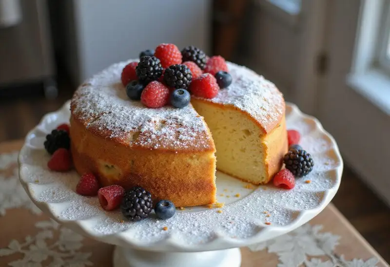 Delicious light fluffy yeast cake beautifully displayed with berries, perfect for dessert.
