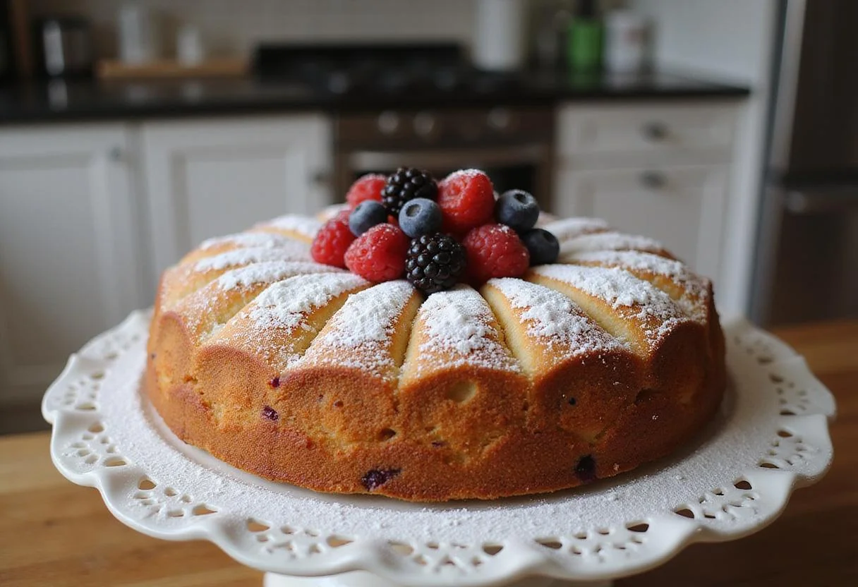 Delicious light fluffy yeast cake beautifully displayed with berries, perfect for dessert.