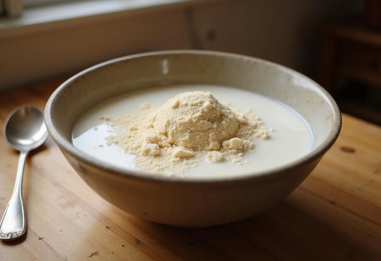 Mixing warm milk and sugar with yeast for light fluffy yeast cake preparation.
