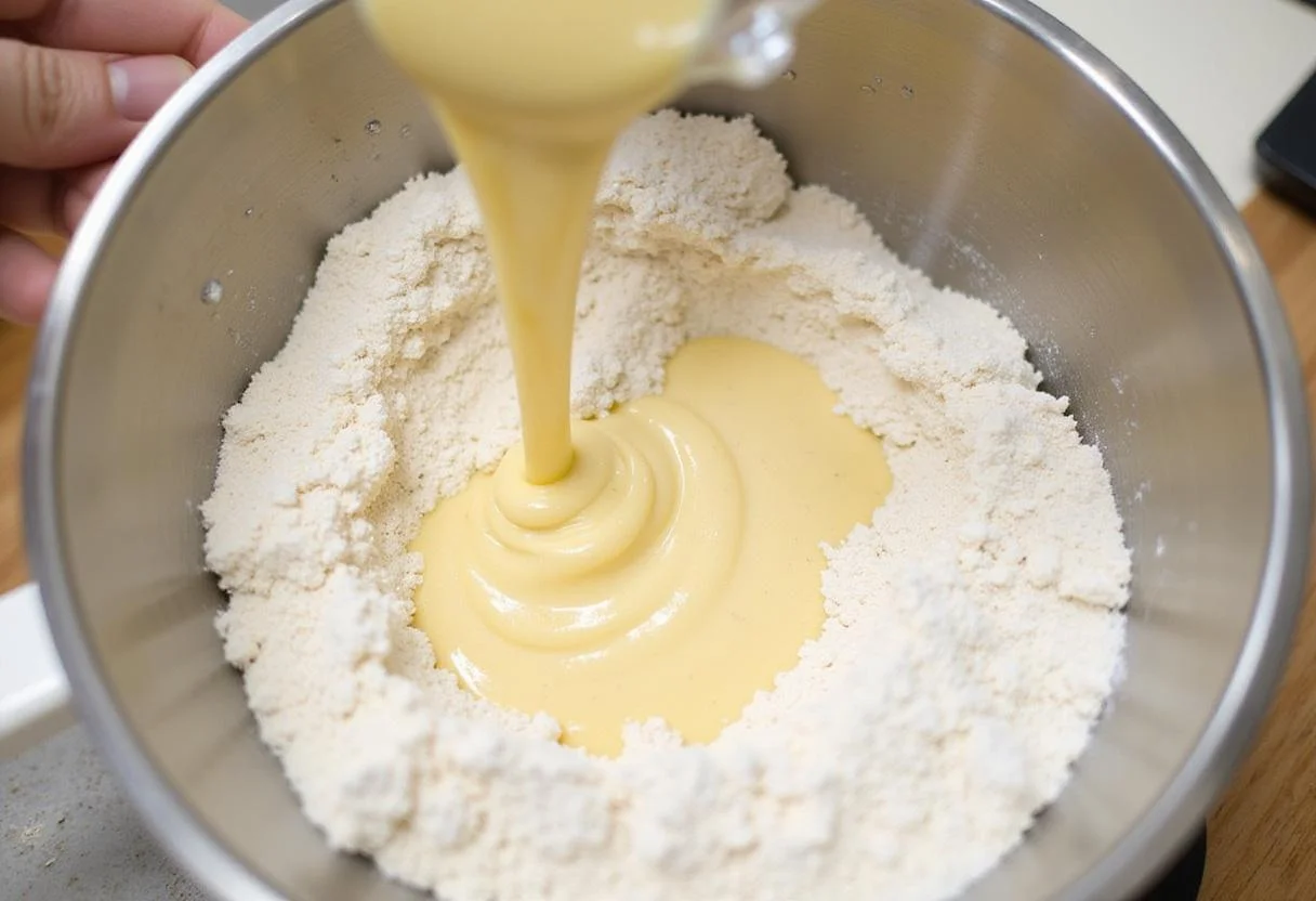 Combining flour and warm yeast mixture for the perfect fluffy yeast cake dough.
