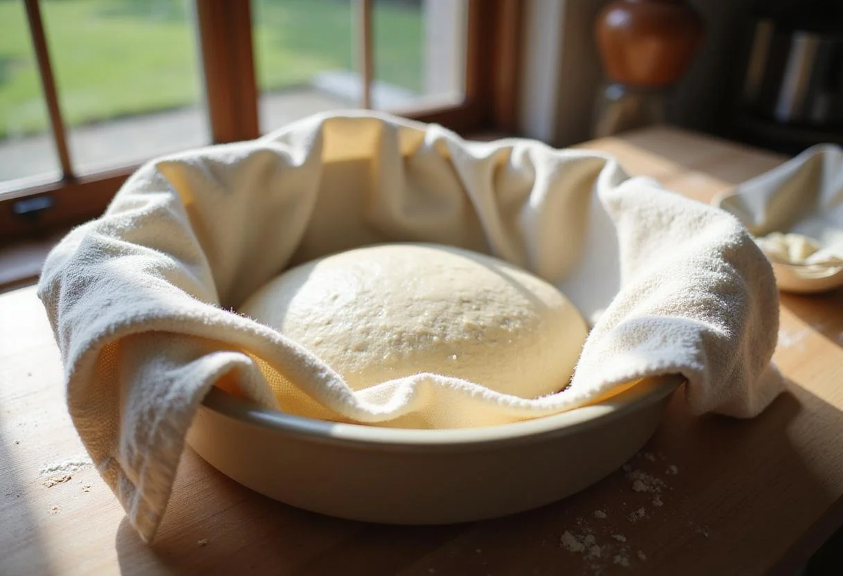 Dough rising in a pan, a key step in making a delicious light fluffy yeast cake.