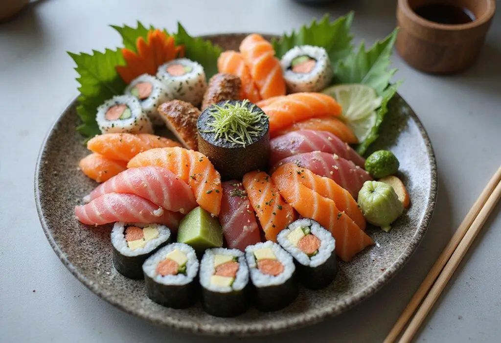 Artfully presented final result of Love's Premium Sushi Menu featuring an assortment of sushi and sashimi on a platter.