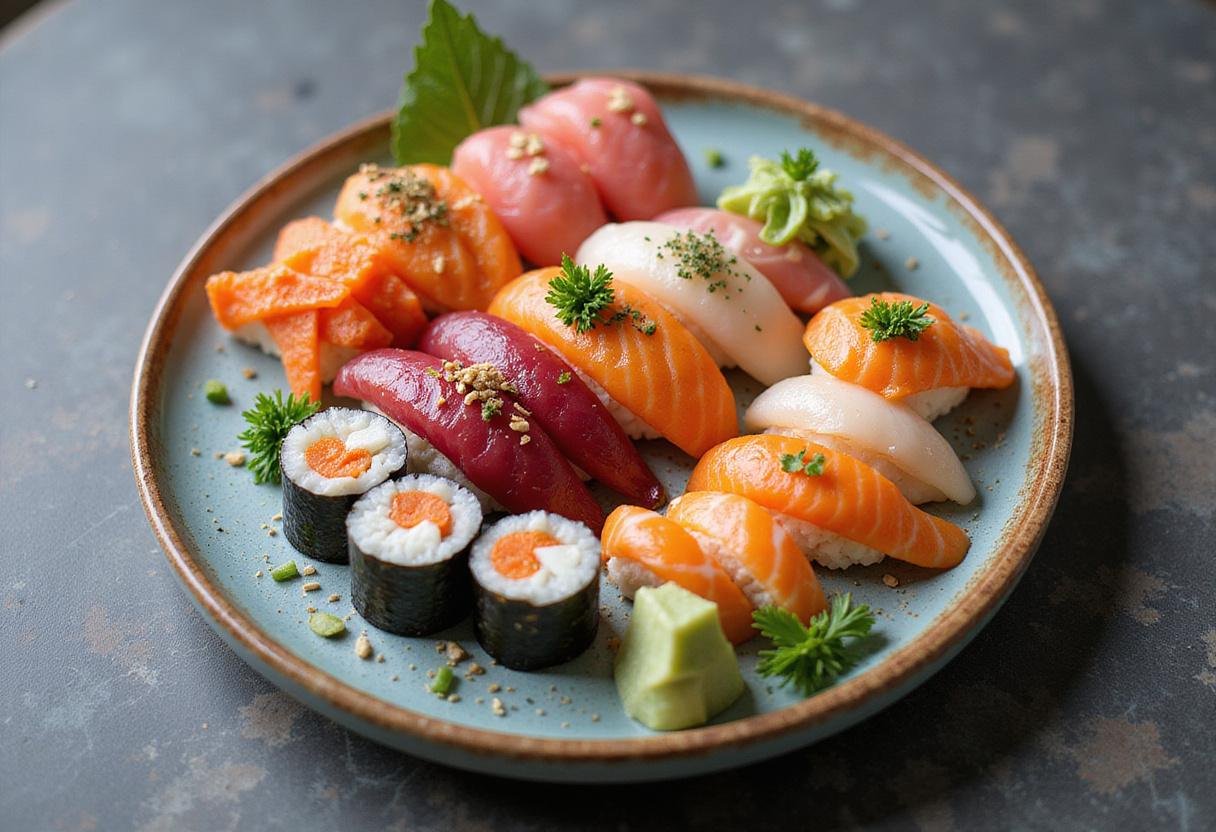 Artfully presented final result of Love's Premium Sushi Menu featuring an assortment of sushi and sashimi on a platter.