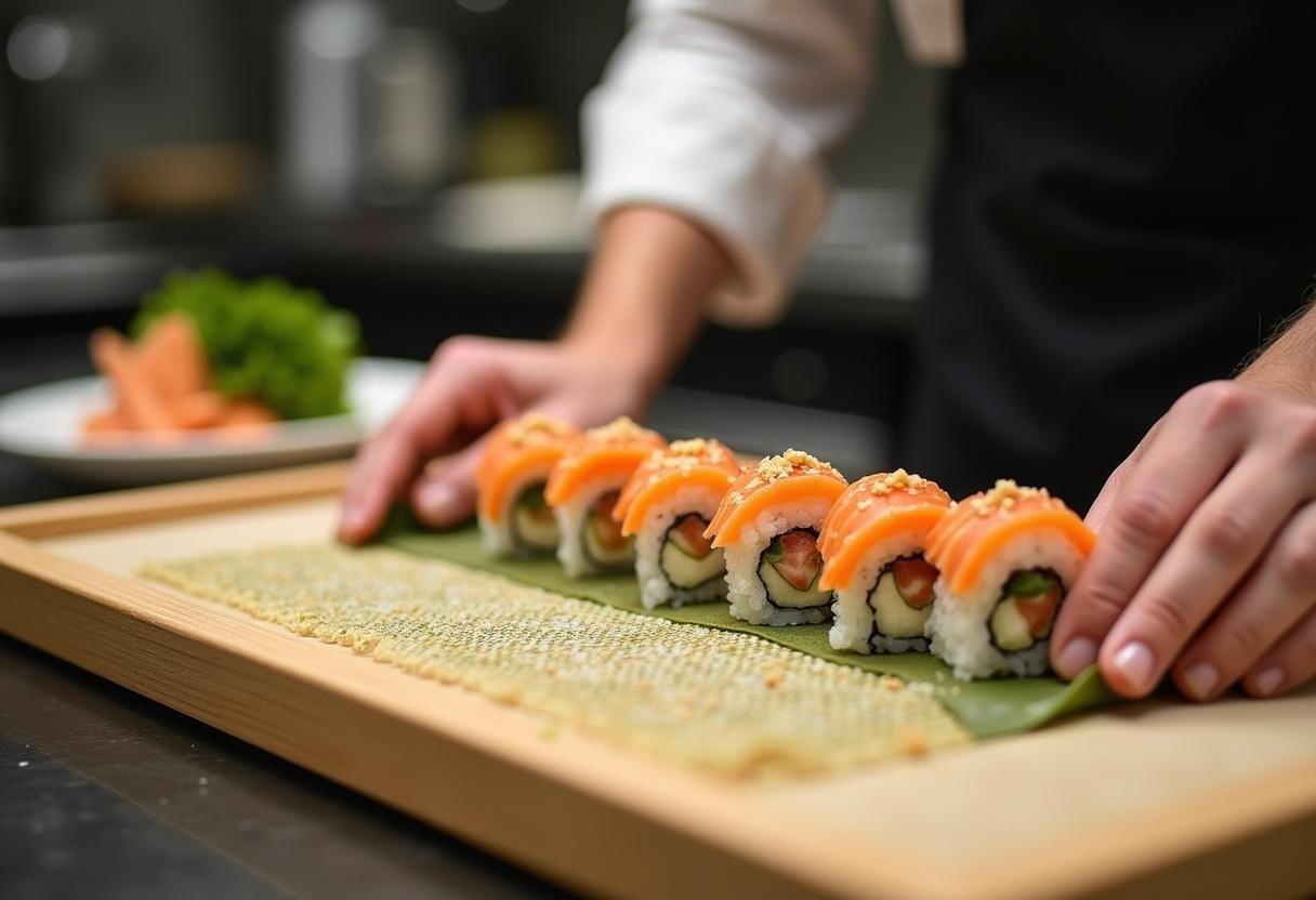 Sushi chef preparing Love's Premium Sushi by rolling fresh ingredients in a bamboo mat.