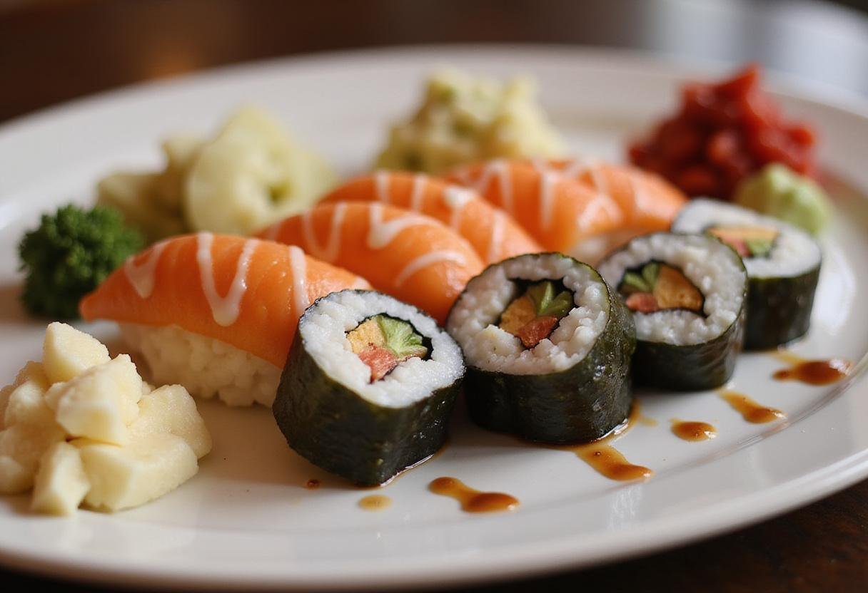 Deliciously plated slices of sushi from Love's Premium Sushi Menu garnished with sauces and fresh herbs.