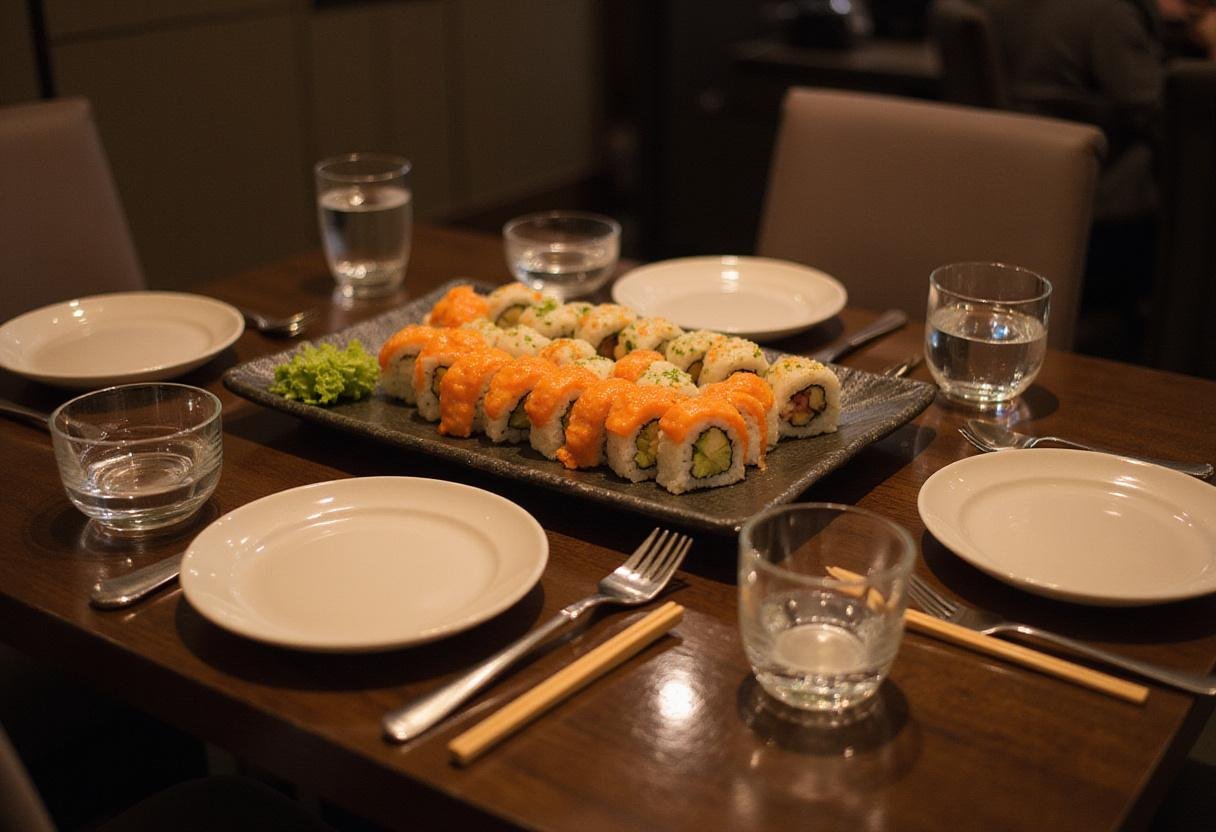 An elegant dining experience showcasing Love's Premium Sushi Menu with a complete sushi platter on the table.
