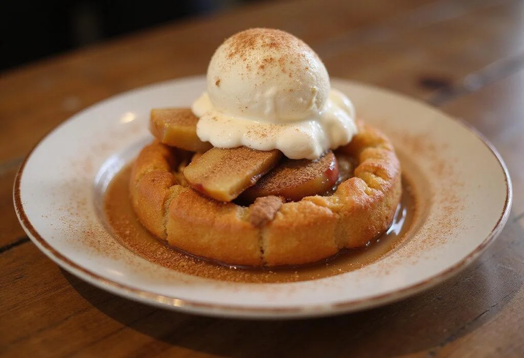 Luscious ludacrisp apple treat served warm with vanilla ice cream, making a delightful dessert display perfect for any occasion.