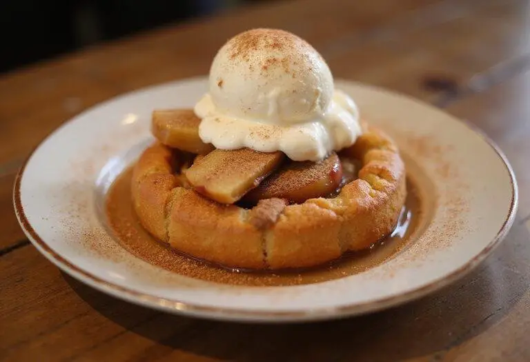 Luscious ludacrisp apple treat served warm with vanilla ice cream, making a delightful dessert display perfect for any occasion.