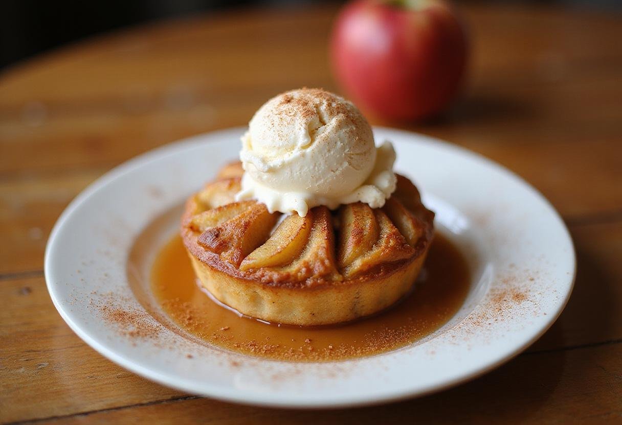 Luscious ludacrisp apple treat served warm with vanilla ice cream, making a delightful dessert display perfect for any occasion.