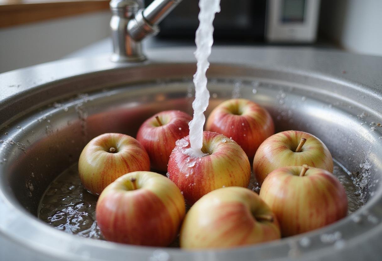 Fresh washed ludacrisp apples ready for a delicious dessert recipe in a bright kitchen environment.