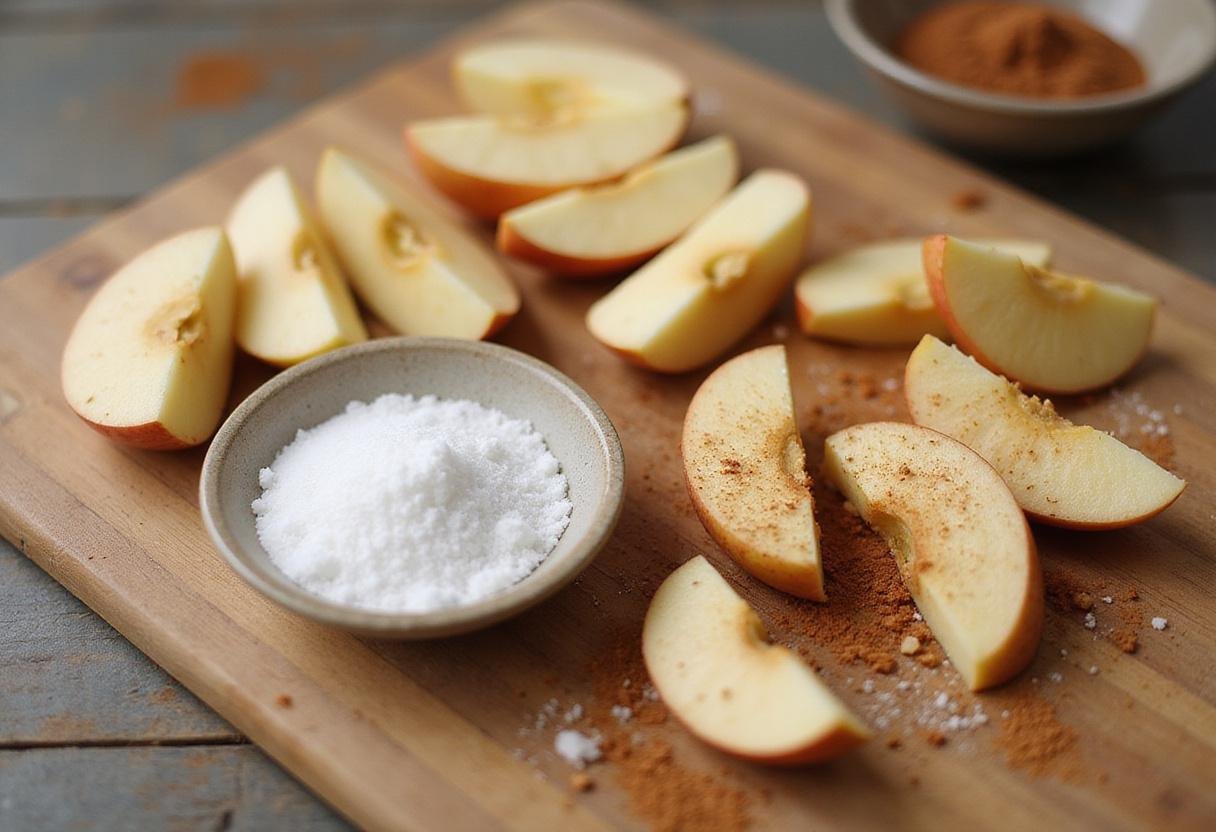 Sliced ludacrisp apples prepared for a scrumptious dessert, with sugar and cinnamon in a cozy kitchen setting.