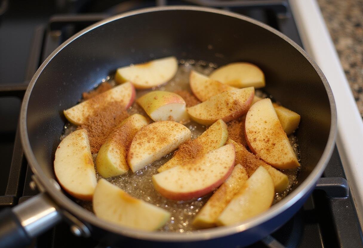 Cooking sliced ludacrisp apples in butter for a flavorful treat, showcasing a warm kitchen atmosphere.