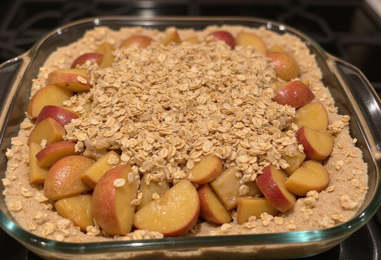 Preparing luscious ludacrisp apple mixture in a baking dish, perfect for creating a deliciously crunchy treat.