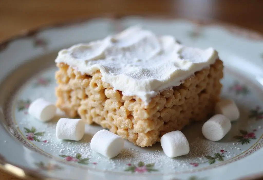 Delicious finale of rice crispy treats with marshmallow fluff, presented as perfect squares on a plate, garnished with powdered sugar and mini marshmallows.
