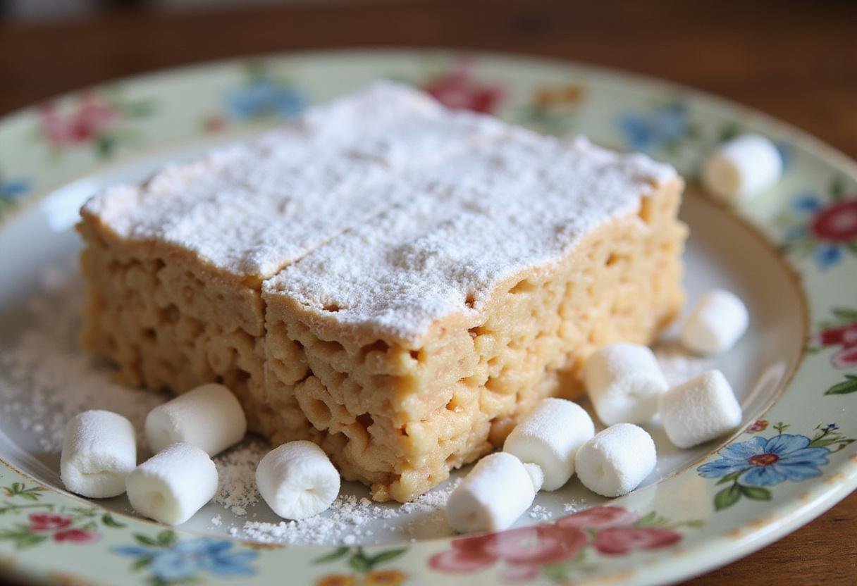 Delicious finale of rice crispy treats with marshmallow fluff, presented as perfect squares on a plate, garnished with powdered sugar and mini marshmallows.