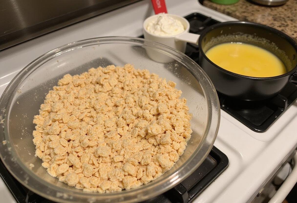 Delicious rice crispy treats with marshmallow cream ingredients, featuring crispy rice cereal and melted marshmallow fluff in a mixing bowl.