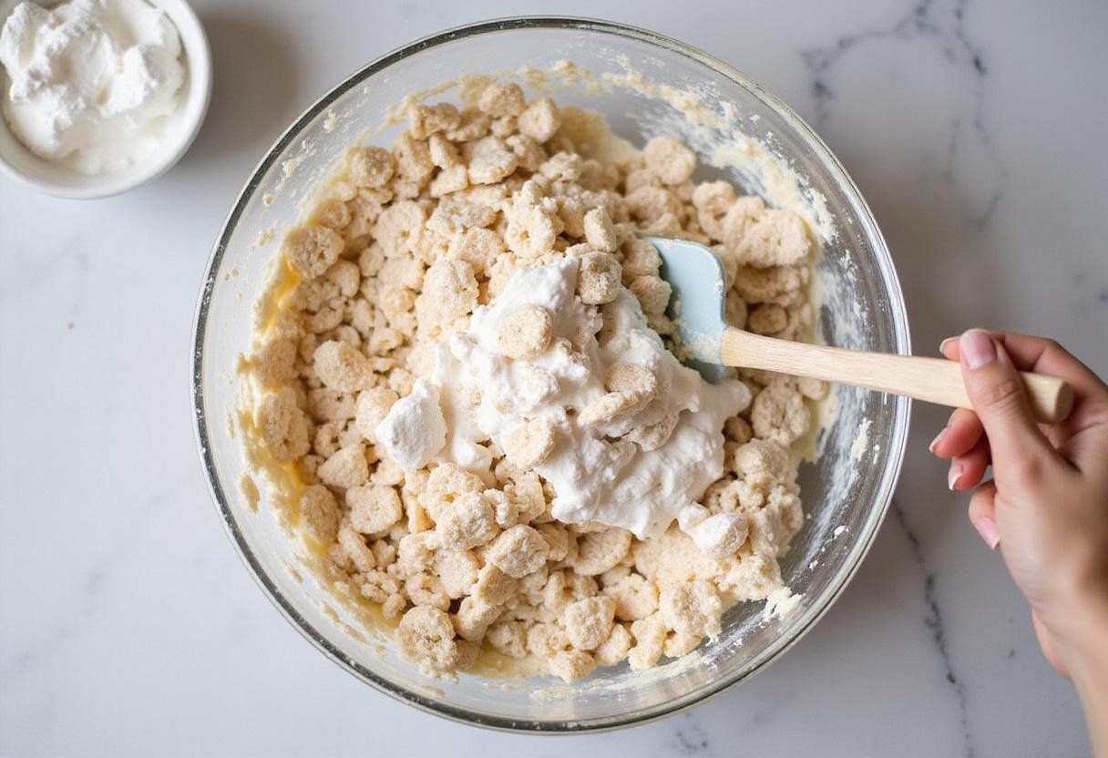 Mixing process for rice krispie treats recipe with fluff, showcasing the combination of crispy rice and marshmallow mixture being mixed with a spatula.