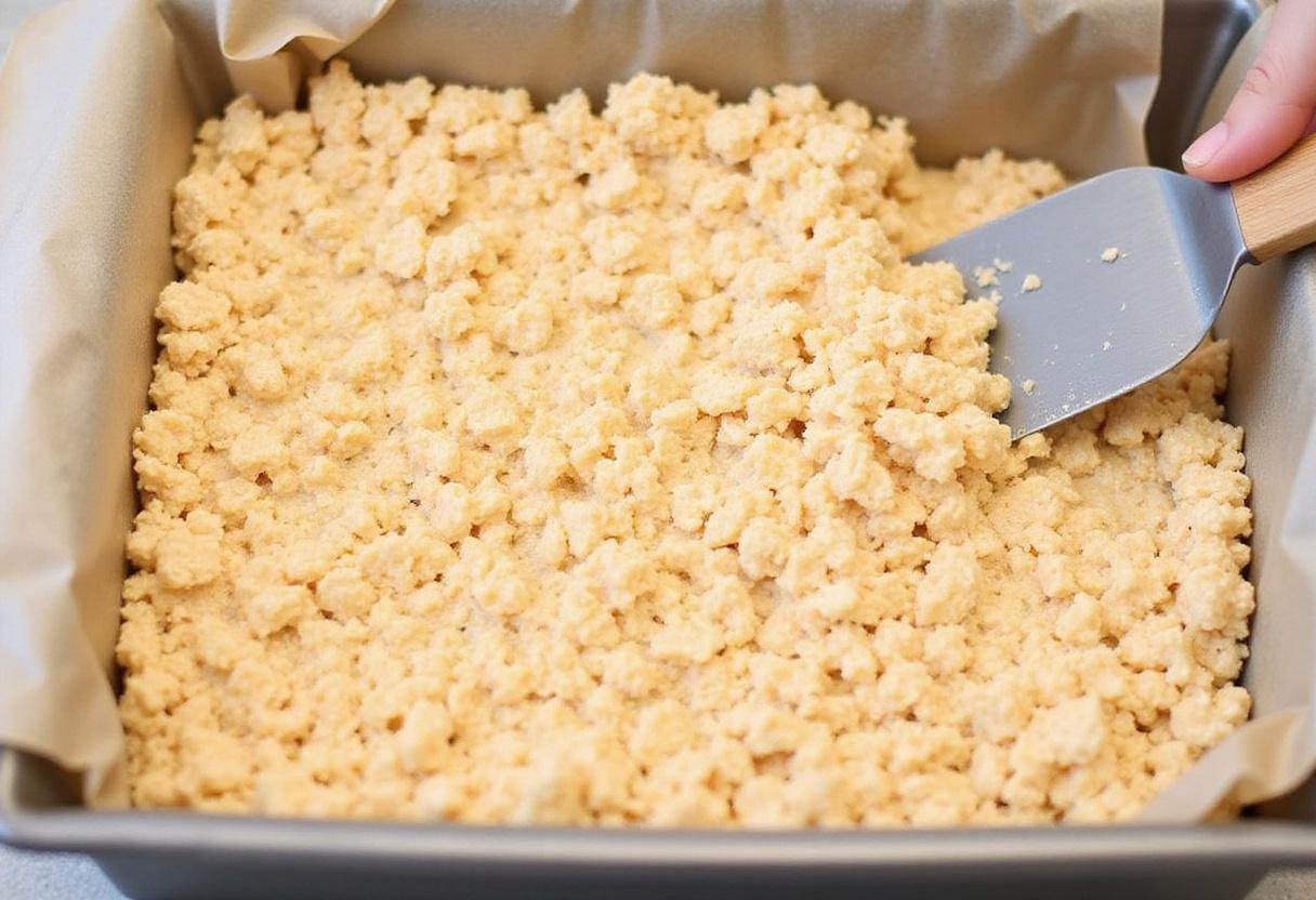 Setting up rice crispy treats with marshmallow fluff in a baking dish, showing the mixture being packed down to form a perfect layer for slicing.