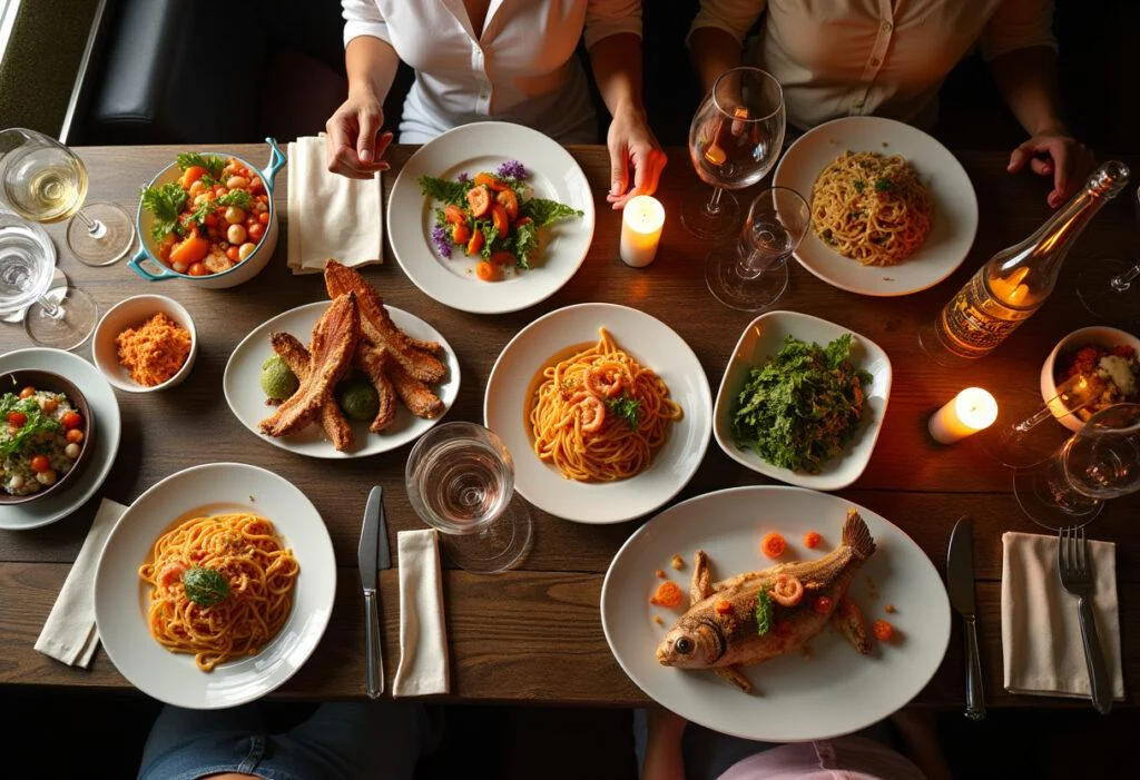 A beautiful seafood dining experience at Marvin's Seafood Restaurant, showcasing an array of gourmet seafood dishes on a table.