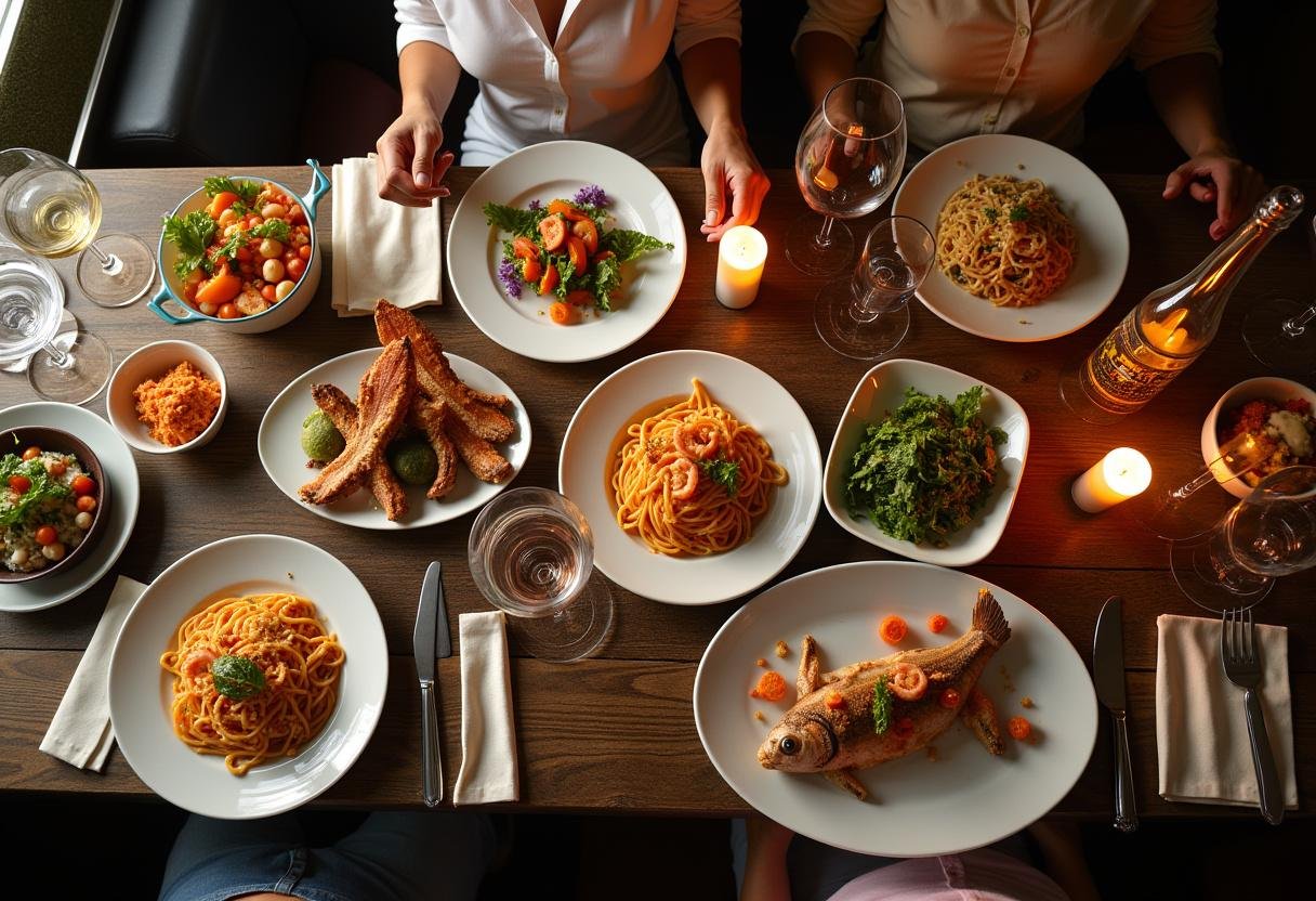 A beautiful seafood dining experience at Marvin's Seafood Restaurant, showcasing an array of gourmet seafood dishes on a table.