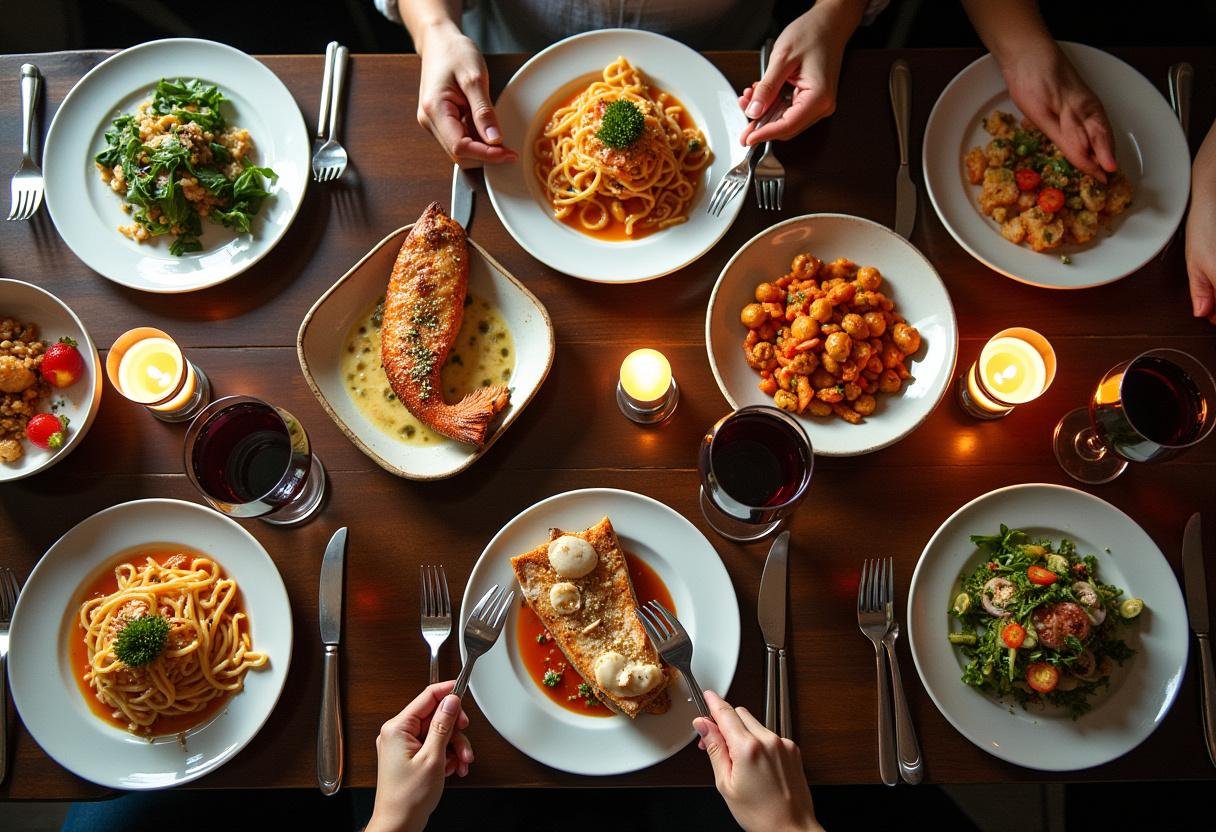 A beautiful seafood dining experience at Marvin's Seafood Restaurant, showcasing an array of gourmet seafood dishes on a table.