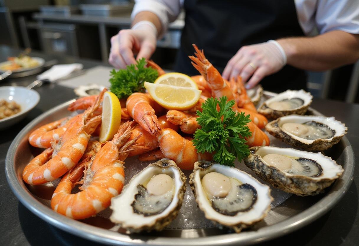 Fresh seafood arrangement at Marvin's Seafood Restaurant, featuring shrimp, crab legs, and oysters.