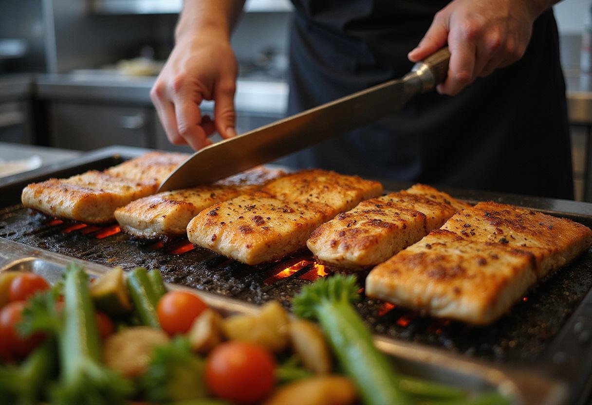 Searing fish fillets at Marvin's Seafood Restaurant, showcasing a sizzling grill with perfectly cooked seafood.