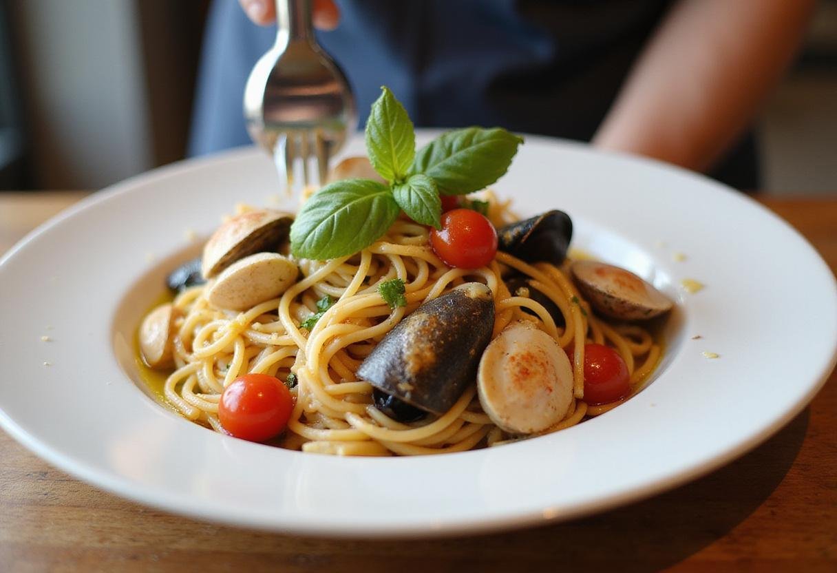 Plating seafood pasta at Marvin's Seafood Restaurant, highlighting clams and mussels in a gourmet presentation.