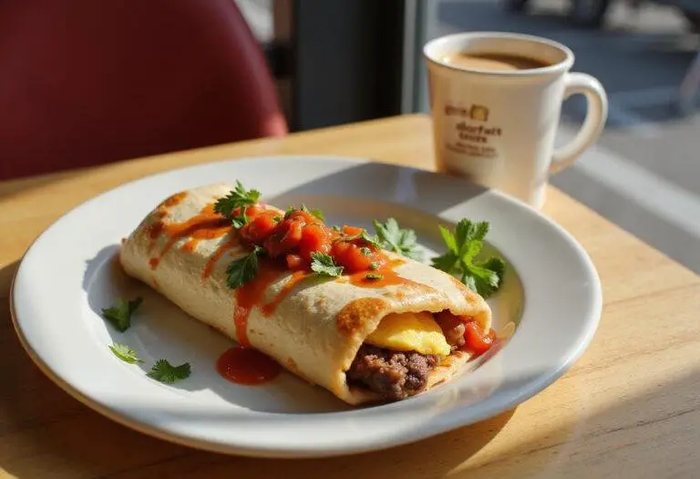 Final presentation of a McDonald's breakfast burrito on a sunny table, highlighting the nutritious breakfast option and its nutritional value.