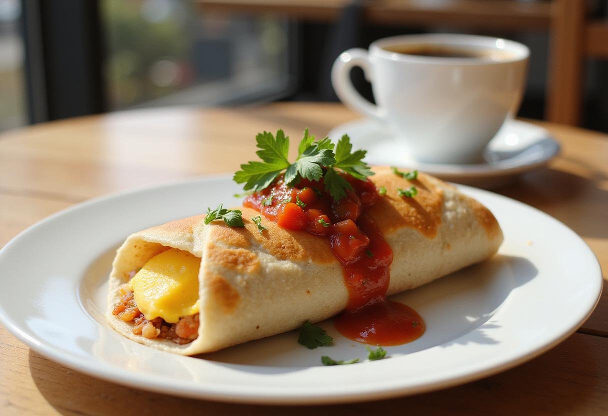 Final presentation of a McDonald's breakfast burrito on a sunny table, highlighting the nutritious breakfast option and its nutritional value.