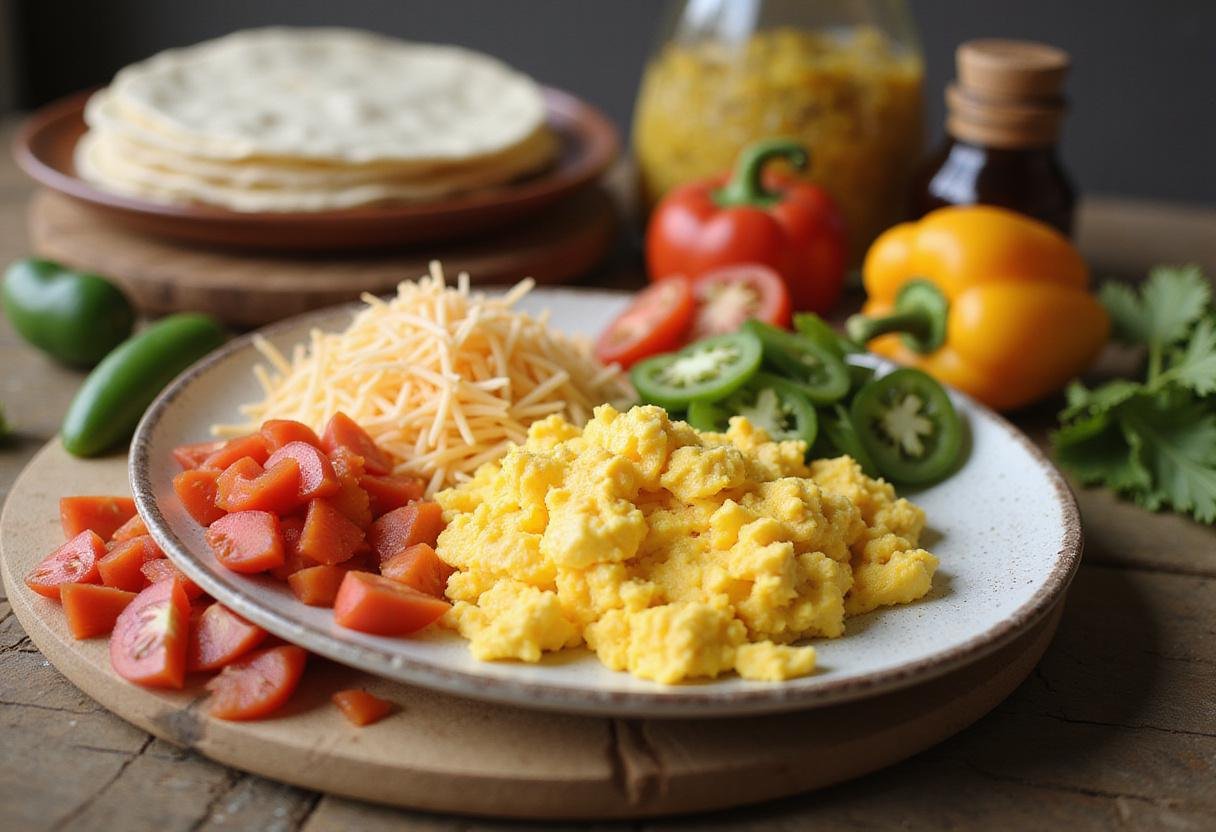 Fresh ingredients for McDonald's breakfast burrito including scrambled eggs, tomatoes, bell peppers, cheese, and tortillas, showcasing the nutrition facts of a breakfast burrito.